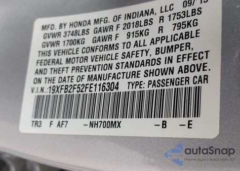 2015 Honda Civic Lx из США, поврежденный, VIN 19XFB2F52FE116304